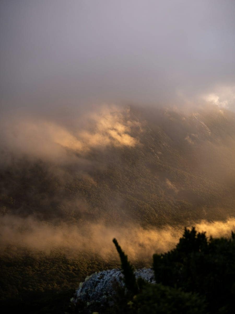 Neblina dourada atravessando a serra do Pico Paraná ao amanhecer.